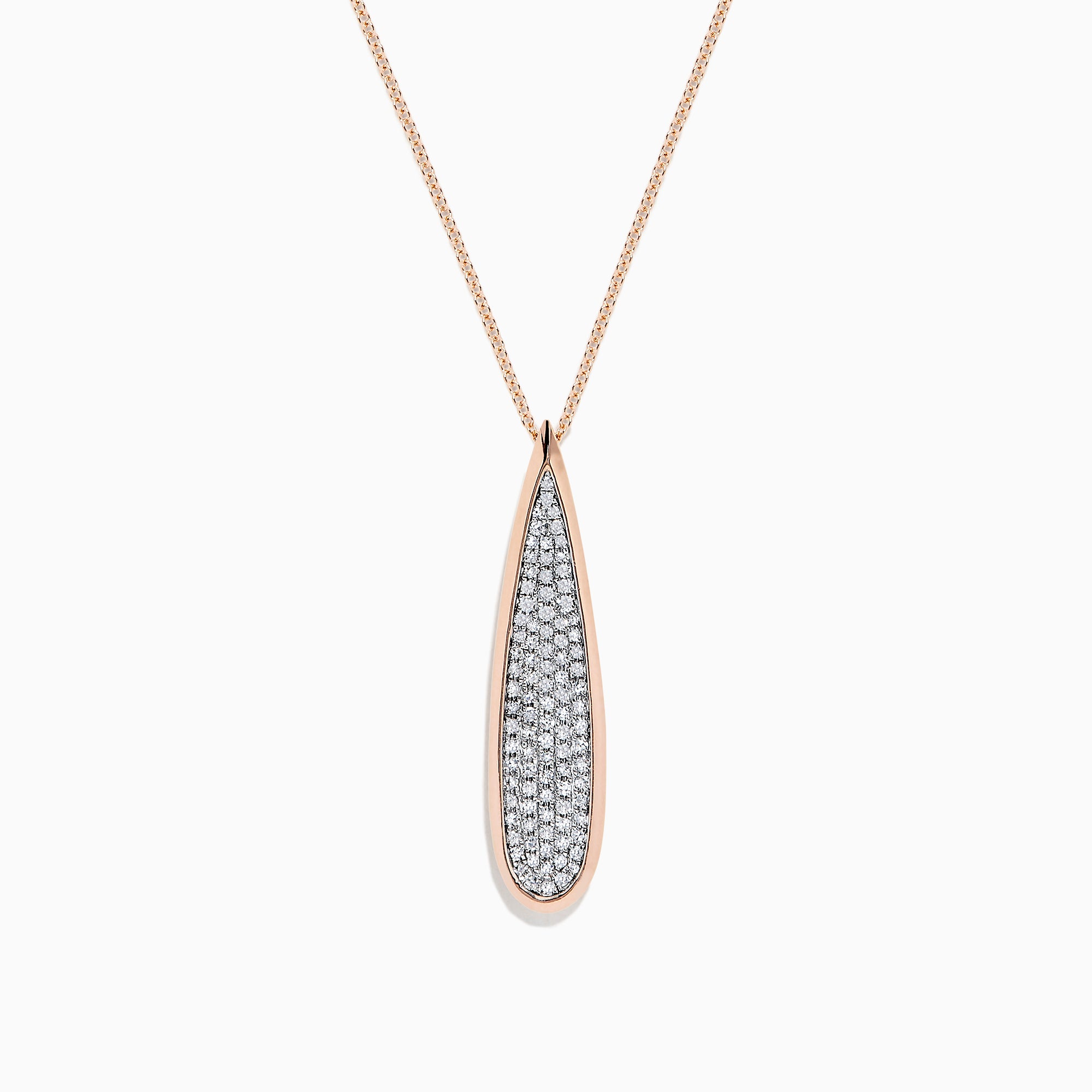 The Pave Rose 14K Rose Gold Diamond Drop Pendant (0.45 TCW) features a teardrop design with sparkling diamonds and a rose gold outline, hanging from a delicate rose gold chain against a white background.