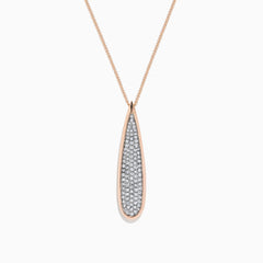 The Pave Rose 14K Rose Gold Diamond Drop Pendant (0.45 TCW) features a teardrop design with sparkling diamonds and a rose gold outline, hanging from a delicate rose gold chain against a white background.