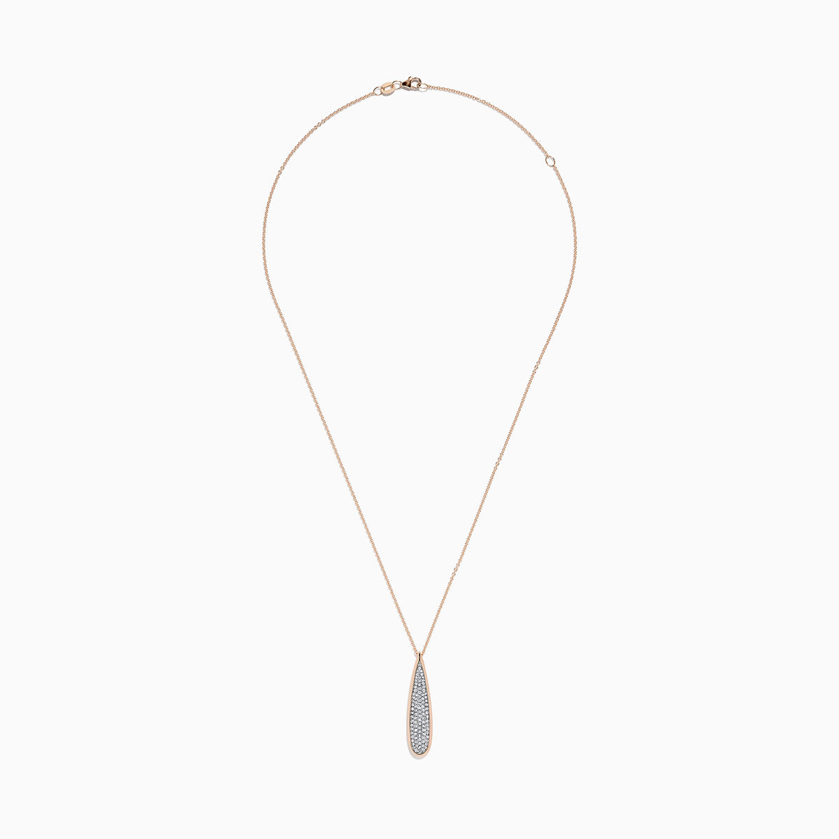 The Pave Rose 14K Rose Gold Diamond Drop Pendant (0.45 TCW) features a teardrop design with sparkling diamonds and a rose gold outline, hanging from a delicate rose gold chain against a white background.