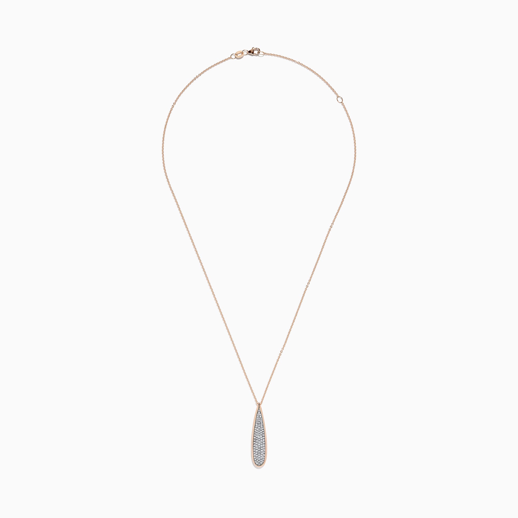 The Pave Rose 14K Rose Gold Diamond Drop Pendant (0.45 TCW) features a teardrop design with sparkling diamonds and a rose gold outline, hanging from a delicate rose gold chain against a white background.
