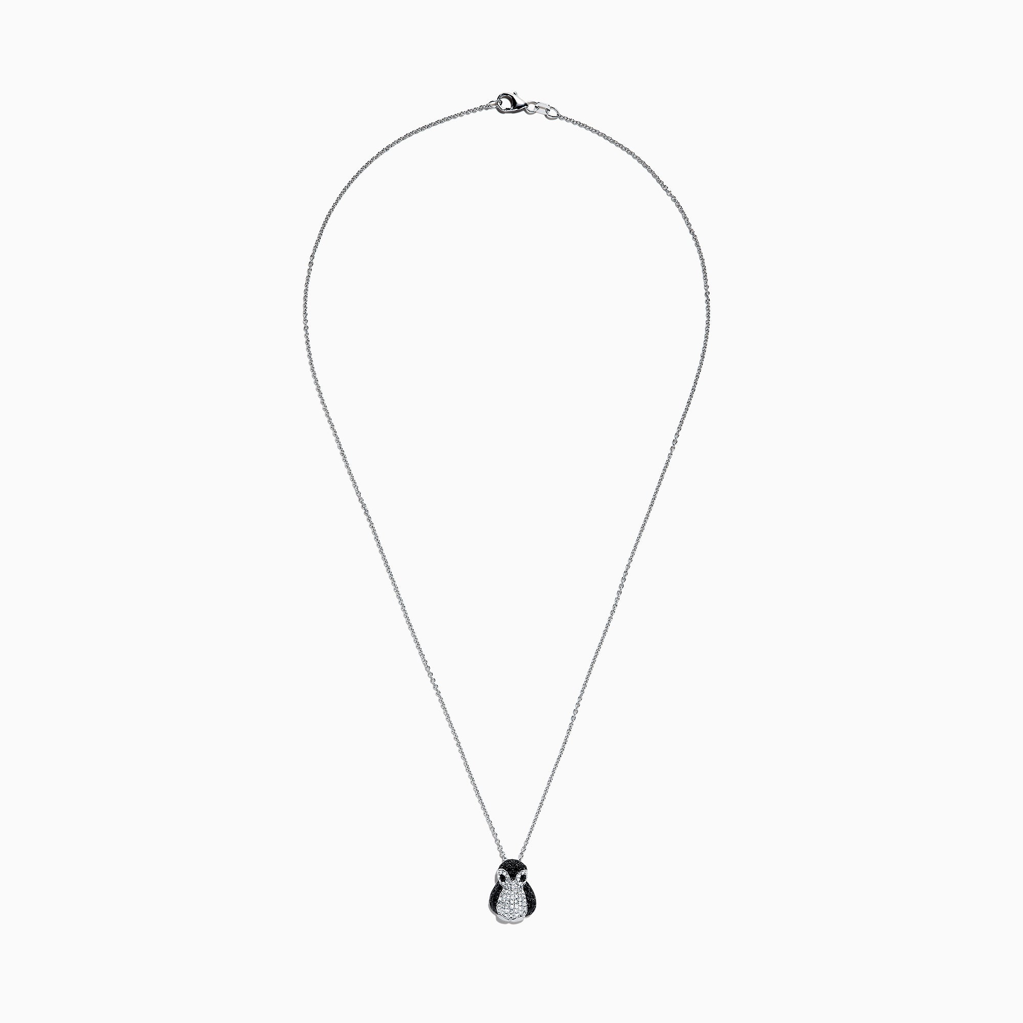 The Safari Sterling Silver Diamond and Black Sapphire Penguin Pendant, 1.03 TCW, features sparkling stones on a penguin-shaped design and is shown against a plain white background.