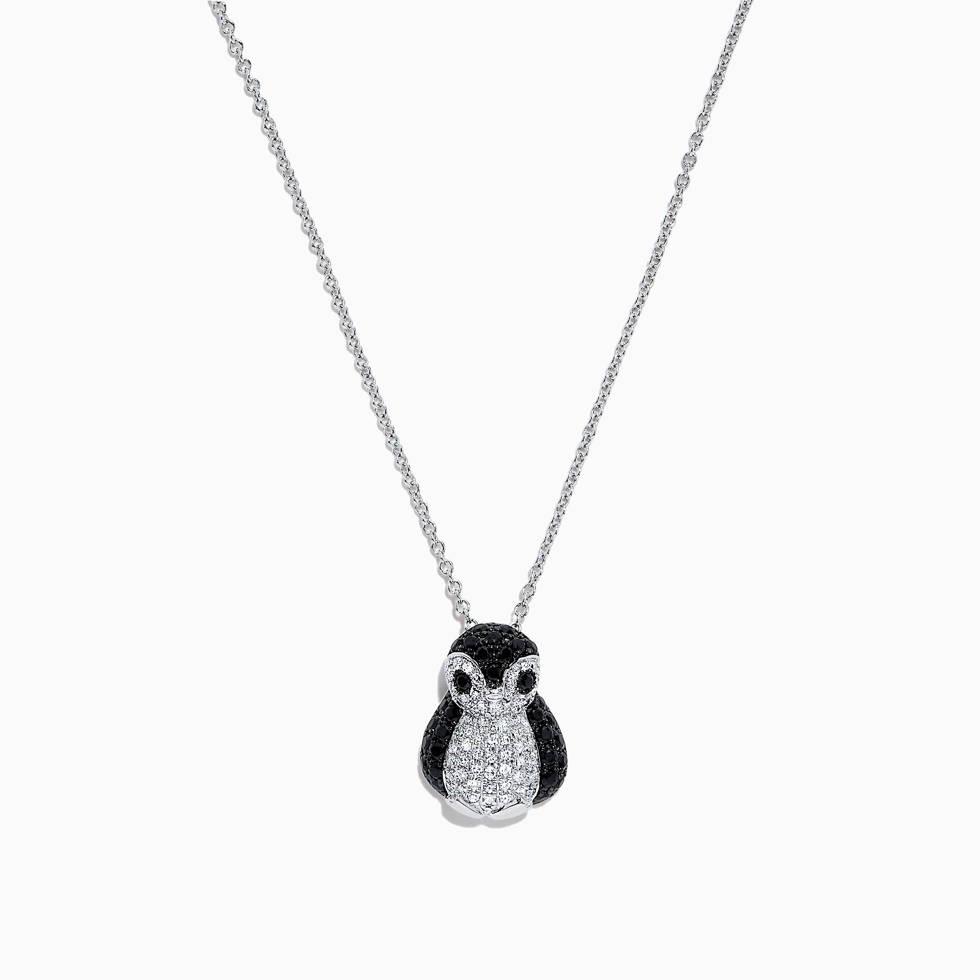 The Safari Sterling Silver Diamond and Black Sapphire Penguin Pendant, 1.03 TCW, features sparkling stones on a penguin-shaped design and is shown against a plain white background.