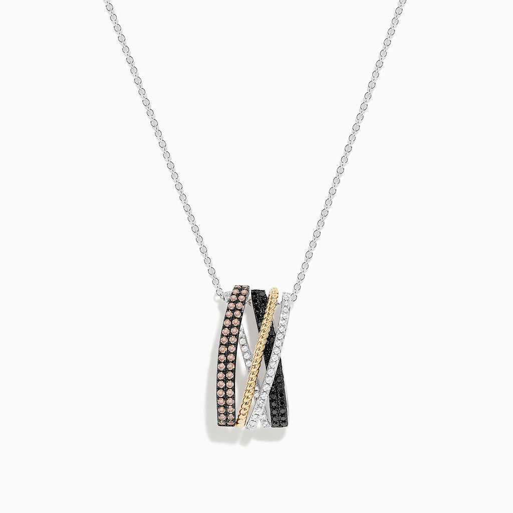 A 14K Trio-Color Gold Pendant with brown, black, and white diamonds (0.61 TCW) hangs from a silver chain, featuring an elegant intertwined design.