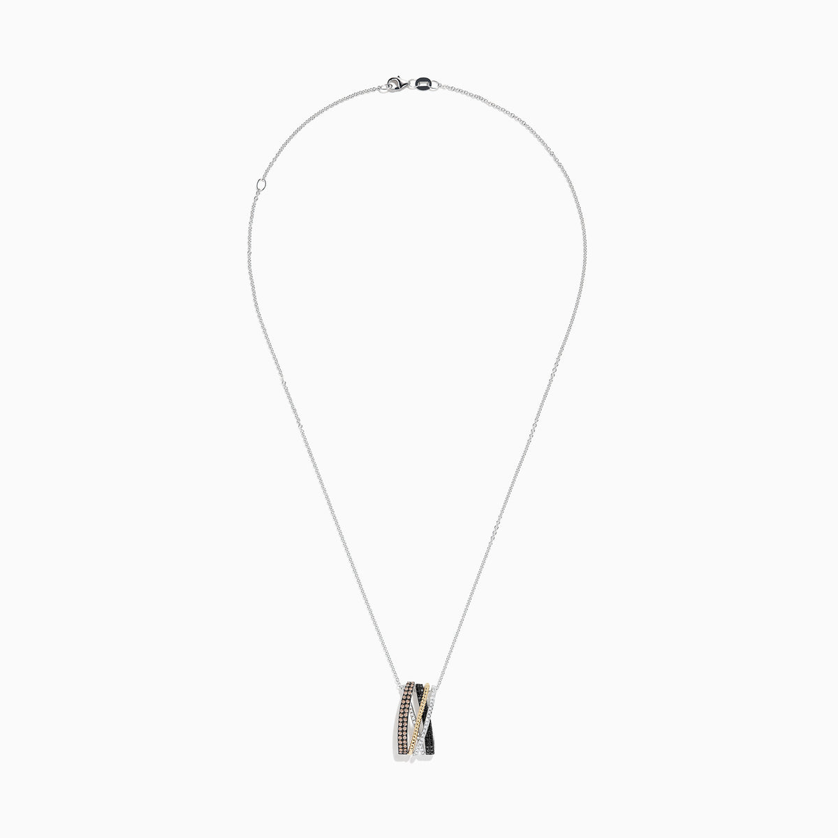 A 14K Trio-Color Gold Pendant with brown, black, and white diamonds (0.61 TCW) hangs from a silver chain, featuring an elegant intertwined design.