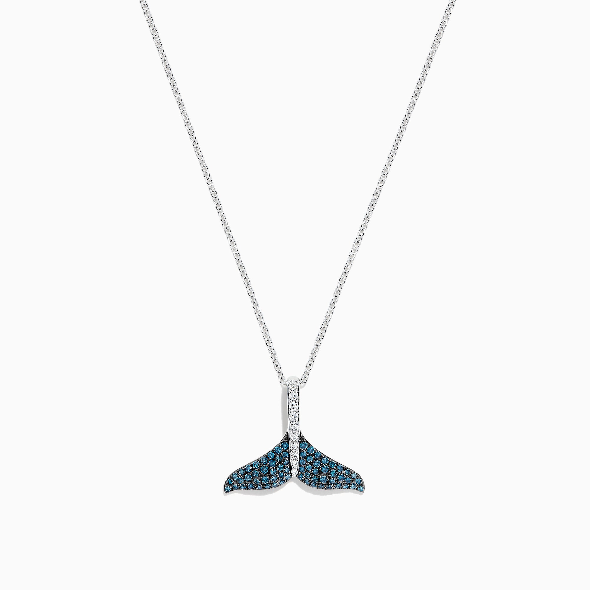 The Seaside 14K Gold Blue and White Diamond Whales Tail Pendant (0.28 TCW) features sparkling blue and white diamonds on a thin, elegant chain, beautifully displayed against a plain white background.