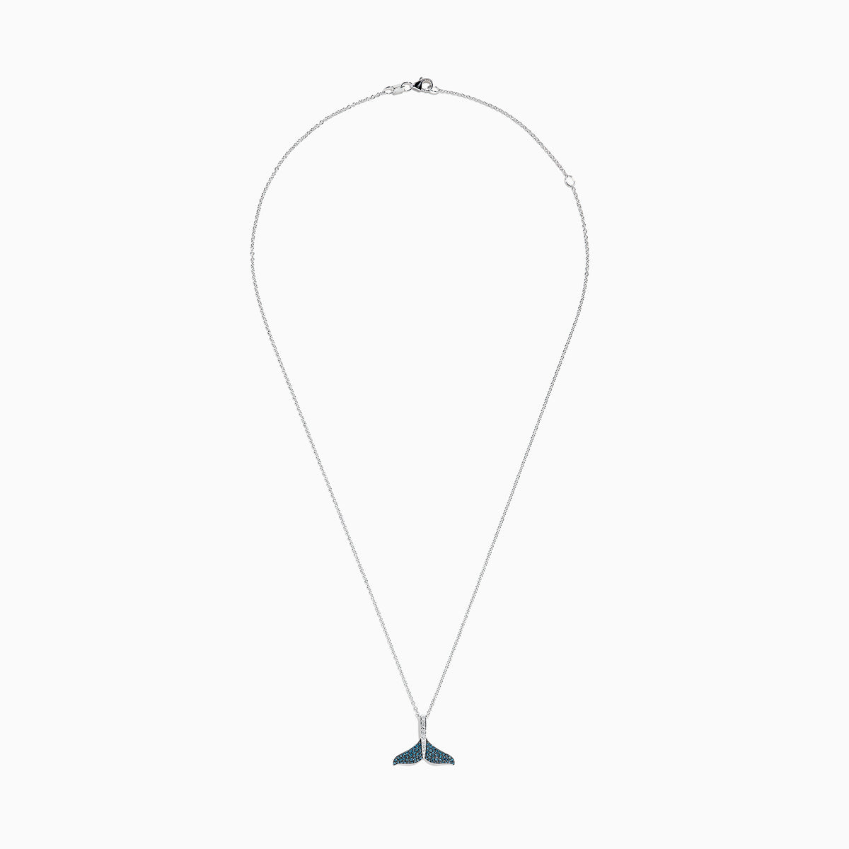 The Seaside 14K Gold Blue and White Diamond Whales Tail Pendant (0.28 TCW) features sparkling blue and white diamonds on a thin, elegant chain, beautifully displayed against a plain white background.