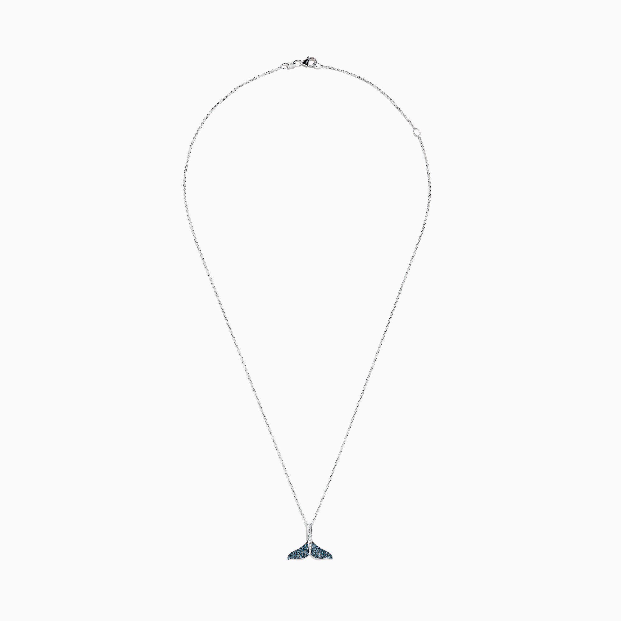 The Seaside 14K Gold Blue and White Diamond Whales Tail Pendant (0.28 TCW) features sparkling blue and white diamonds on a thin, elegant chain, beautifully displayed against a plain white background.