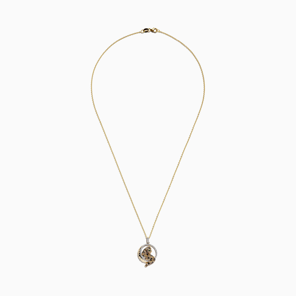 A Signature 14K yellow gold panther pendant, accented with multi-color diamonds (0.81 TCW), displays a sparkling green tsavorite eye and sits in a radiant circular frame.