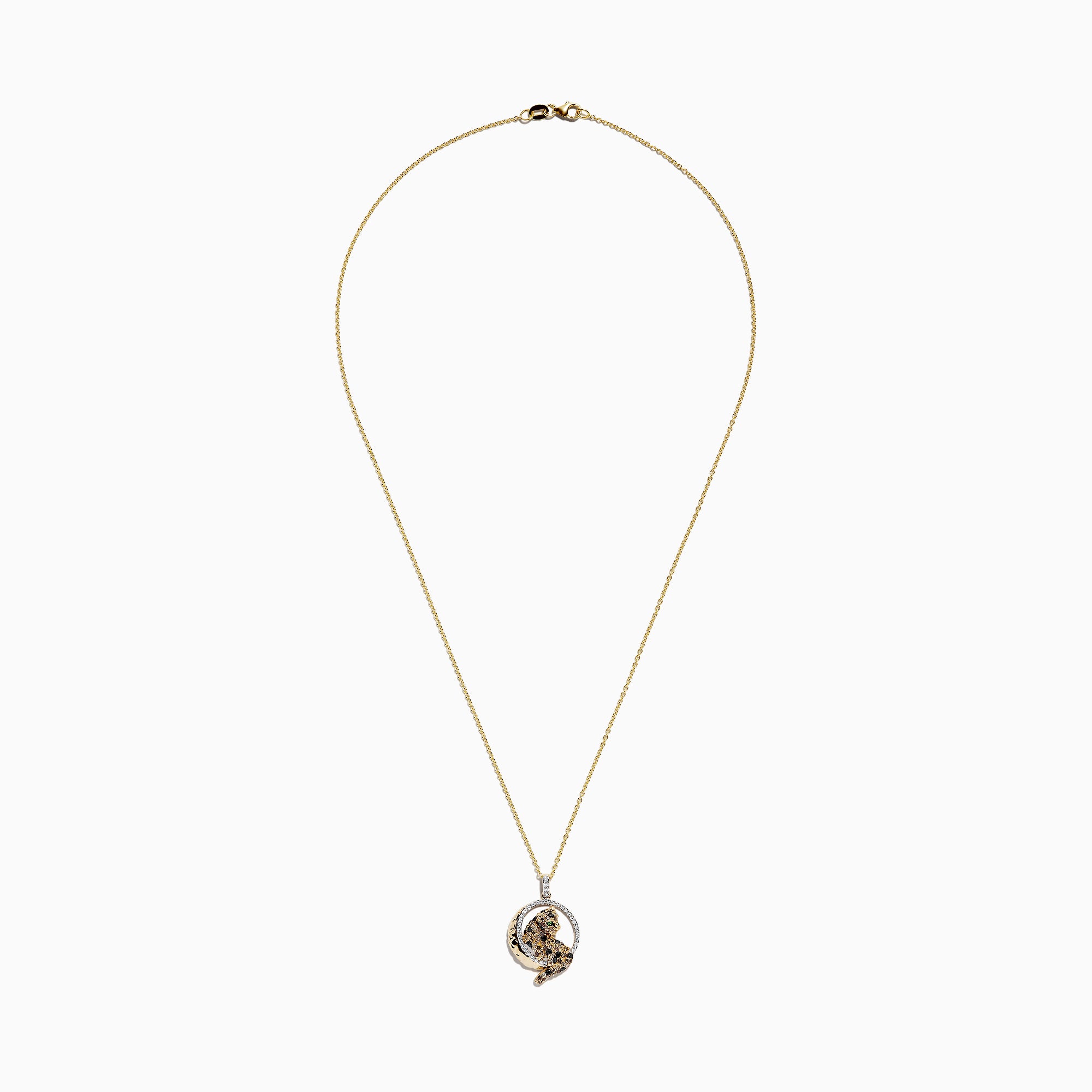A Signature 14K yellow gold panther pendant, accented with multi-color diamonds (0.81 TCW), displays a sparkling green tsavorite eye and sits in a radiant circular frame.