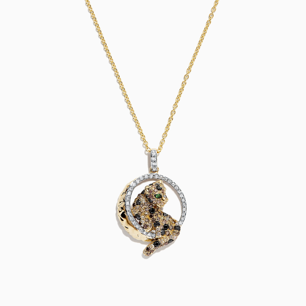 A Signature 14K yellow gold panther pendant, accented with multi-color diamonds (0.81 TCW), displays a sparkling green tsavorite eye and sits in a radiant circular frame.