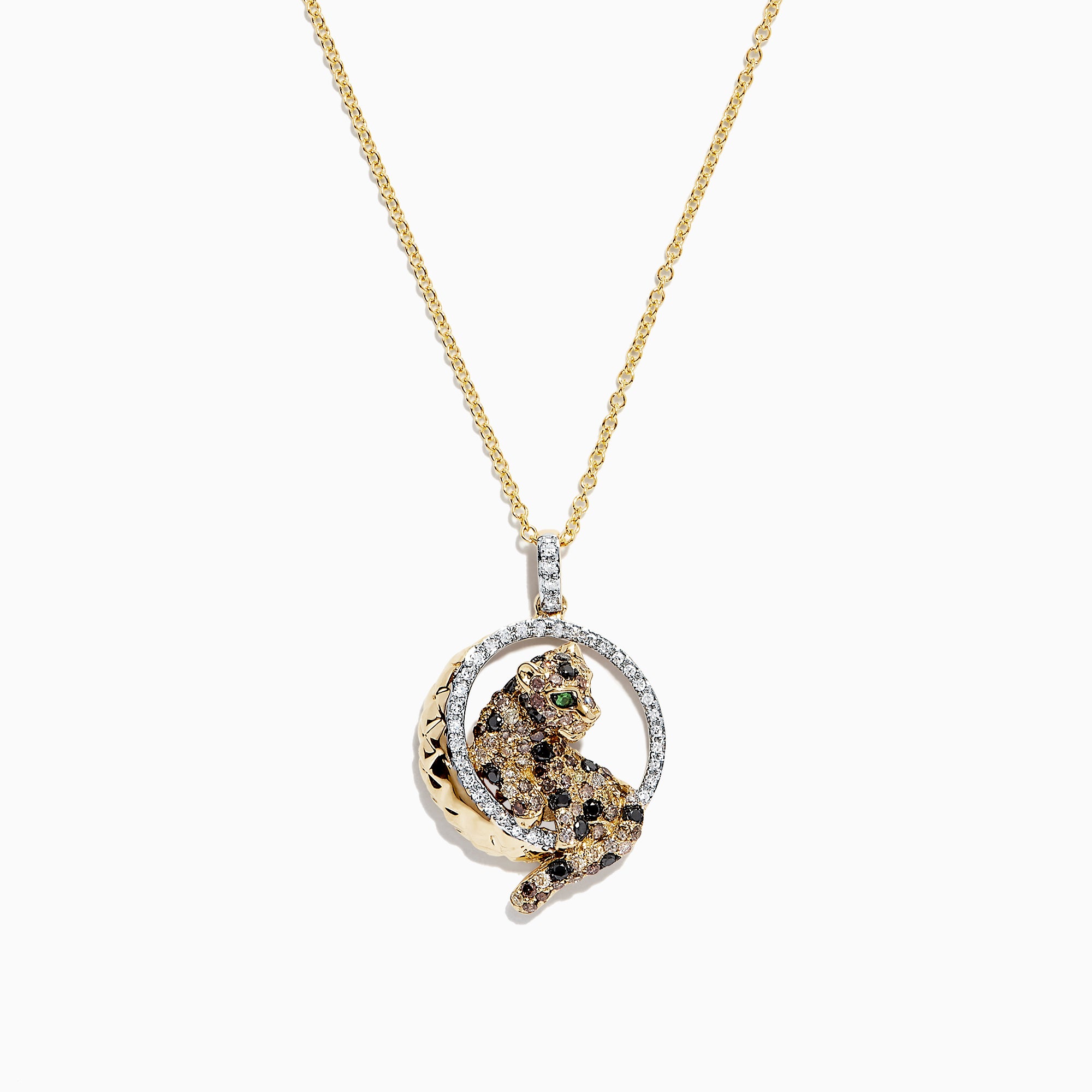 A Signature 14K yellow gold panther pendant, accented with multi-color diamonds (0.81 TCW), displays a sparkling green tsavorite eye and sits in a radiant circular frame.