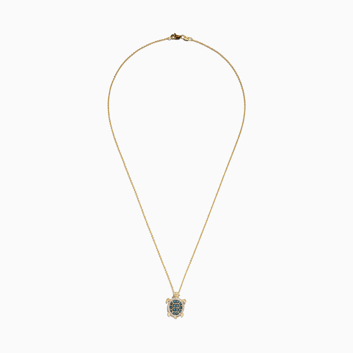 14K yellow gold sea turtle pendant necklace featuring blue and white diamonds (0.41 TCW) on the shell, shown against a white background.