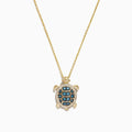 14K yellow gold sea turtle pendant necklace featuring blue and white diamonds (0.41 TCW) on the shell, shown against a white background.