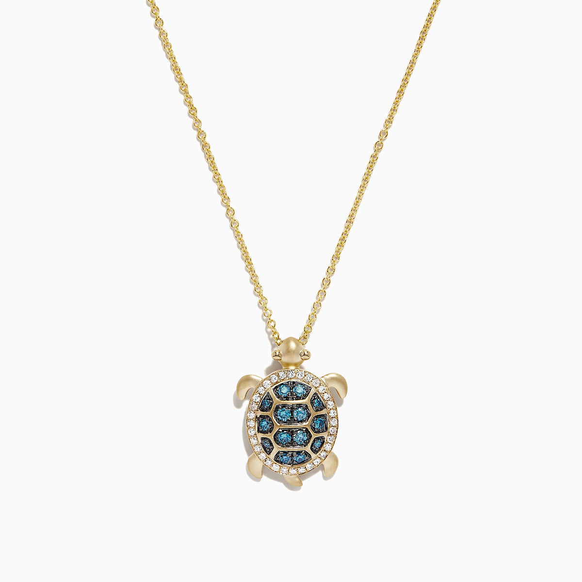 14K yellow gold sea turtle pendant necklace featuring blue and white diamonds (0.41 TCW) on the shell, shown against a white background.