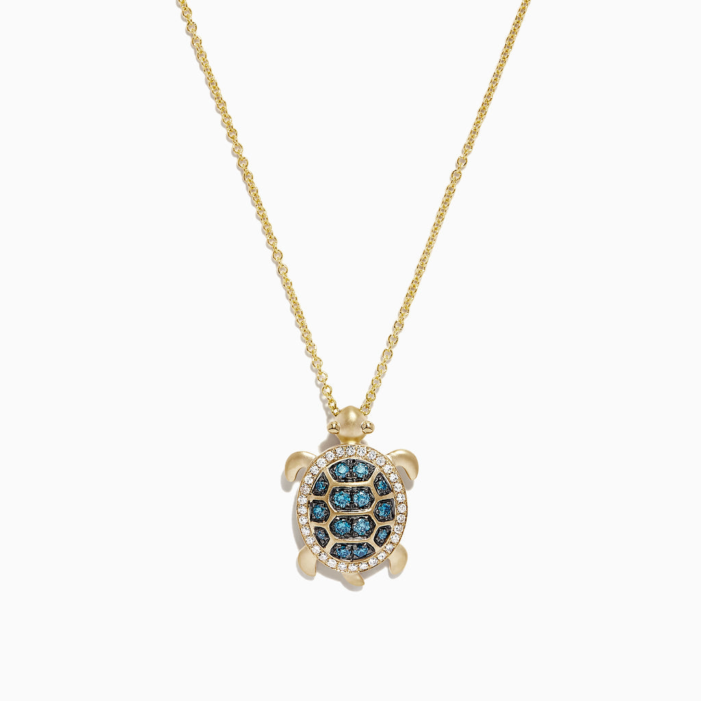 Effy 14K Yellow Gold Blue and White Diamond Sea Turtle Pendant, 0.41 TCW