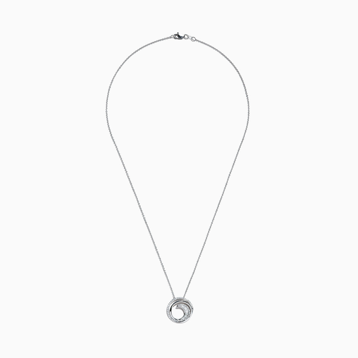 The Classique 14K White Gold Diamond Swirl Pendant (0.48 TCW) features a round swirl design with sparkling diamonds, inspired by Effy Classique and set on a delicate white gold chain for an elegant, modern style.