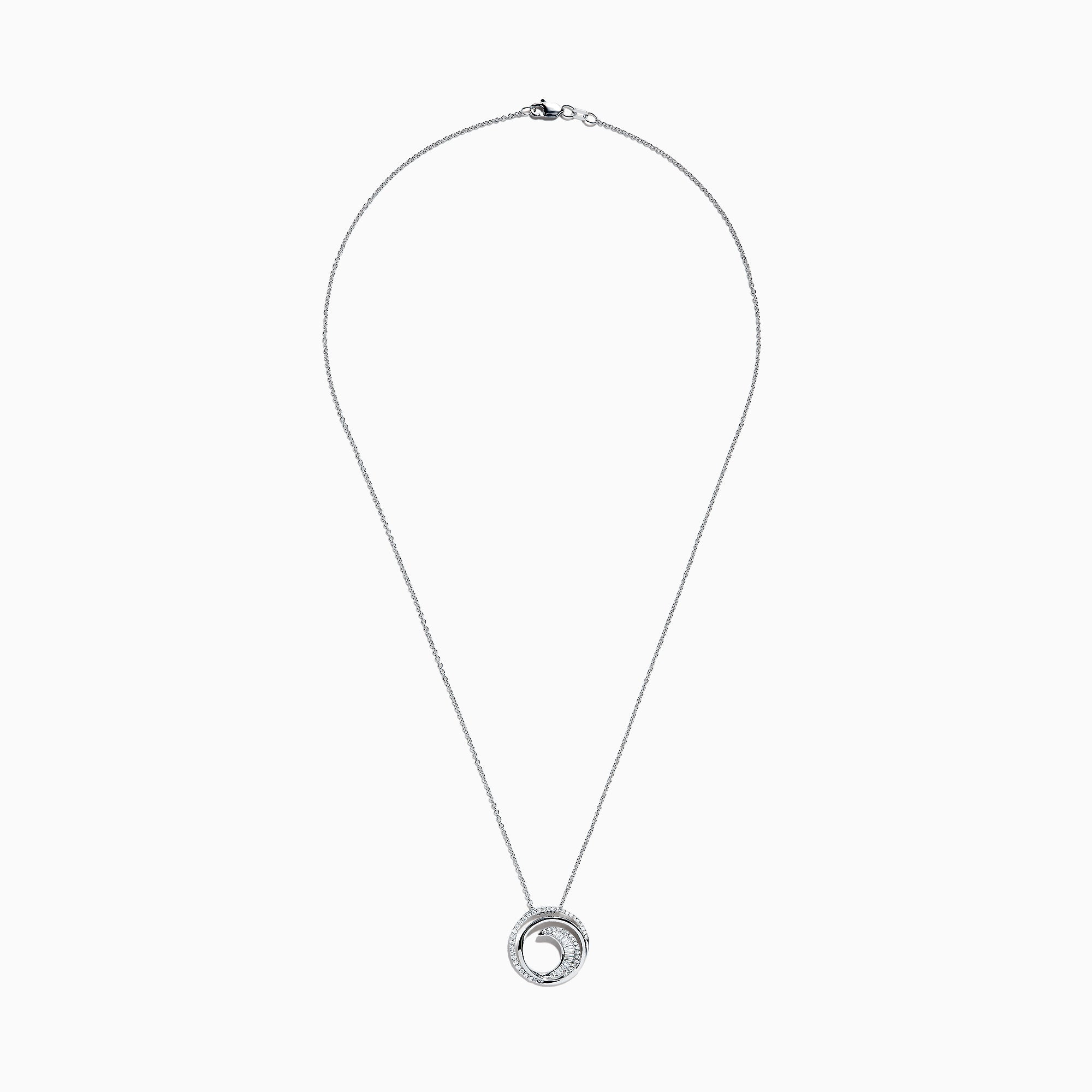 The Classique 14K White Gold Diamond Swirl Pendant (0.48 TCW) features a round swirl design with sparkling diamonds, inspired by Effy Classique and set on a delicate white gold chain for an elegant, modern style.