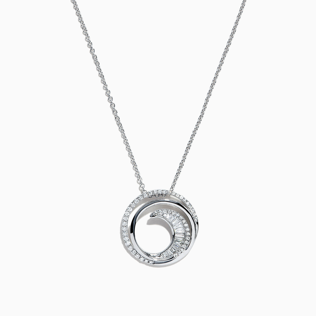 The Classique 14K White Gold Diamond Swirl Pendant (0.48 TCW) features a round swirl design with sparkling diamonds, inspired by Effy Classique and set on a delicate white gold chain for an elegant, modern style.