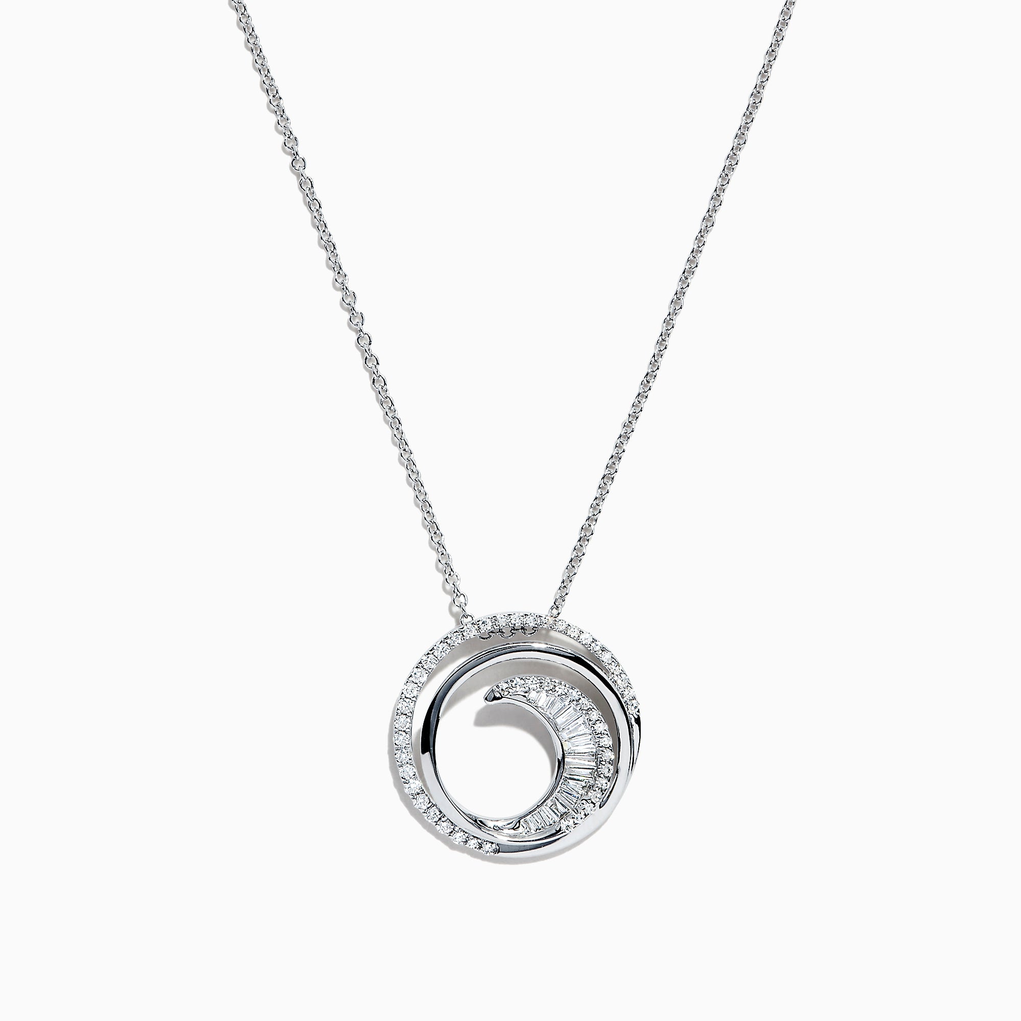The Classique 14K White Gold Diamond Swirl Pendant (0.48 TCW) features a round swirl design with sparkling diamonds, inspired by Effy Classique and set on a delicate white gold chain for an elegant, modern style.