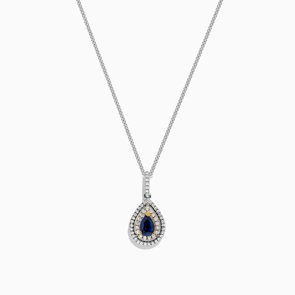 The Royale Bleu 14K Two Tone Gold Sapphire and Diamond Pendant features a teardrop-shaped blue sapphire surrounded by diamonds, set on a silver chain with elegant gold accents, totaling 0.38 TCW.