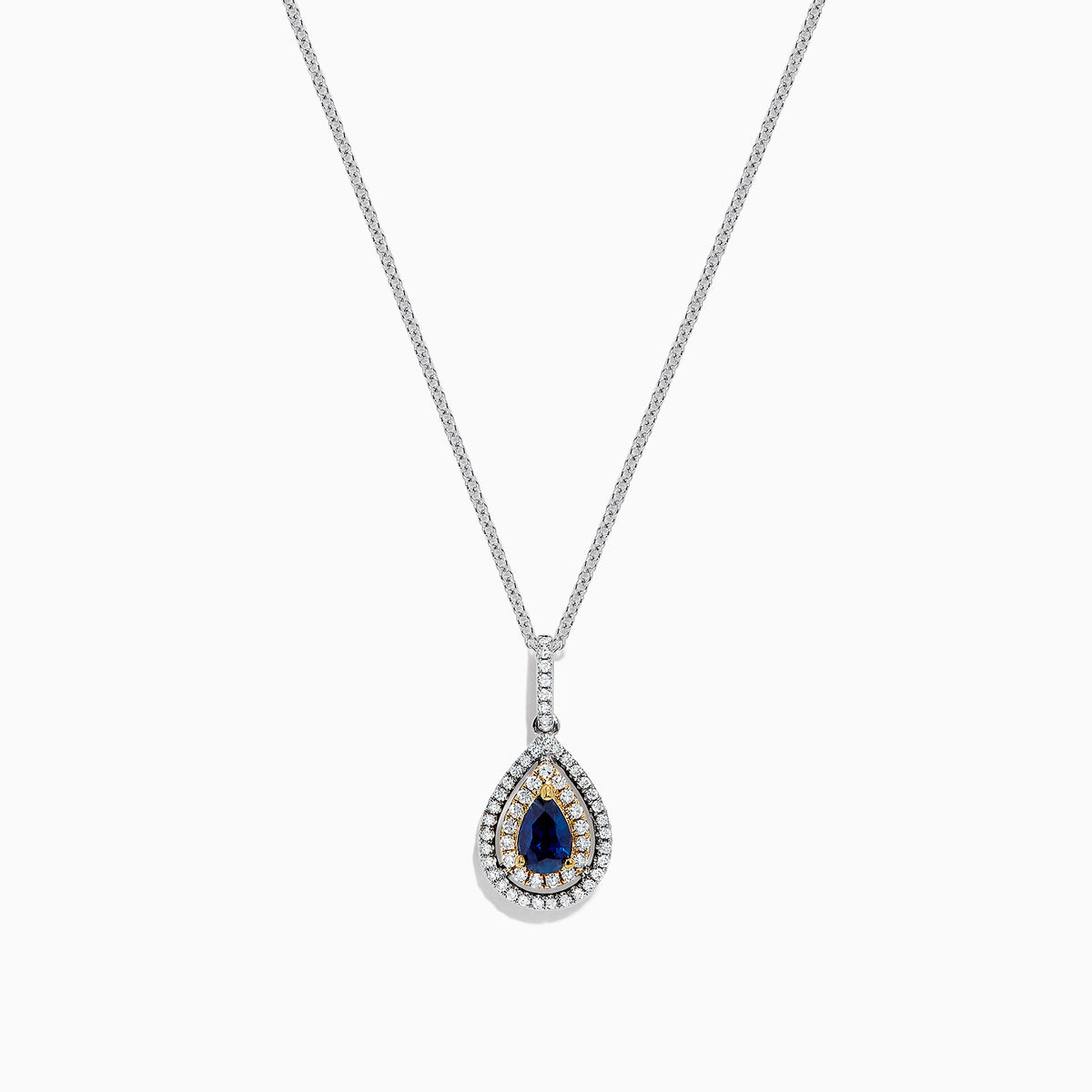 The Royale Bleu 14K Two Tone Gold Sapphire and Diamond Pendant features a teardrop-shaped blue sapphire surrounded by diamonds, set on a silver chain with elegant gold accents, totaling 0.38 TCW.