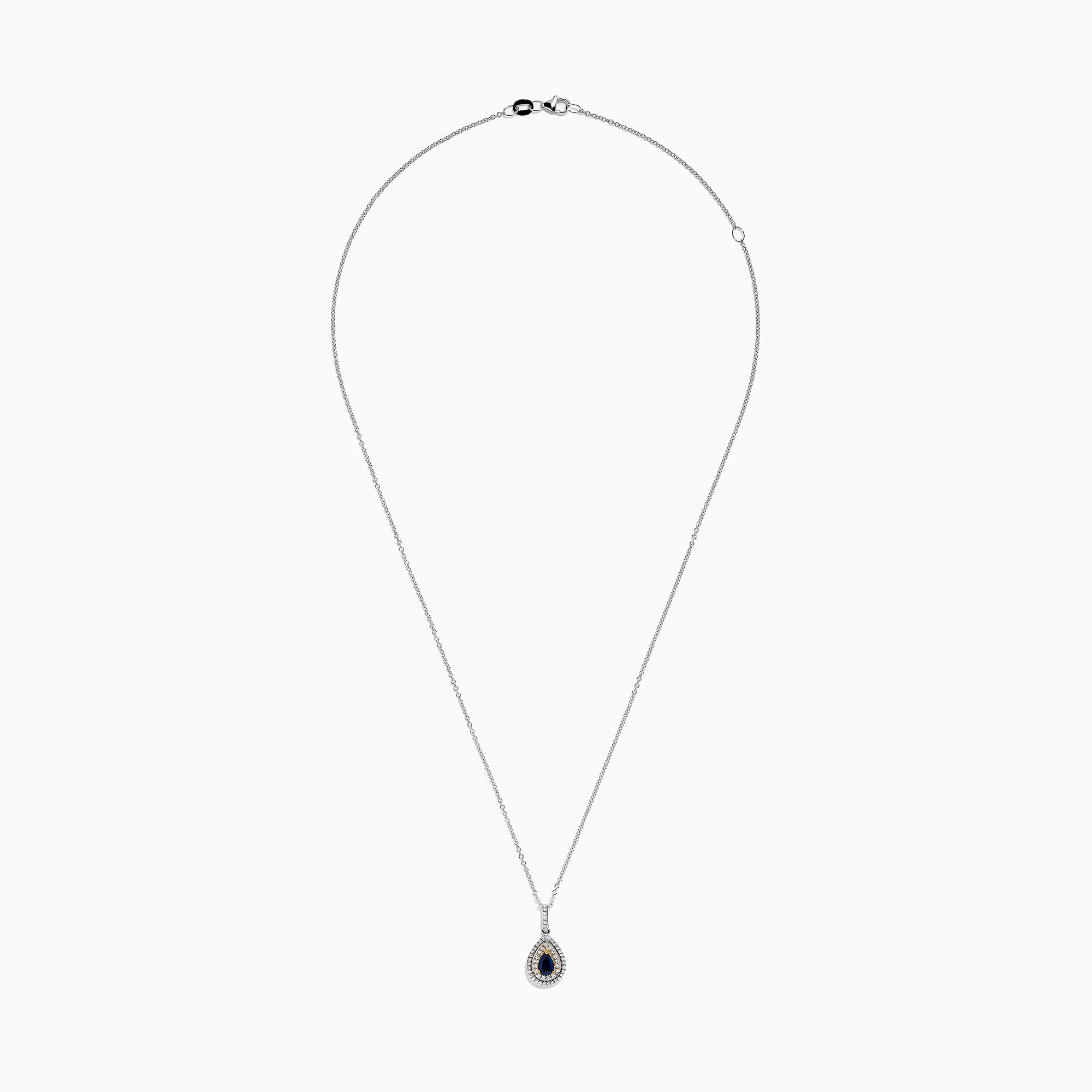 The Royale Bleu 14K Two Tone Gold Sapphire and Diamond Pendant features a teardrop-shaped blue sapphire surrounded by diamonds, set on a silver chain with elegant gold accents, totaling 0.38 TCW.
