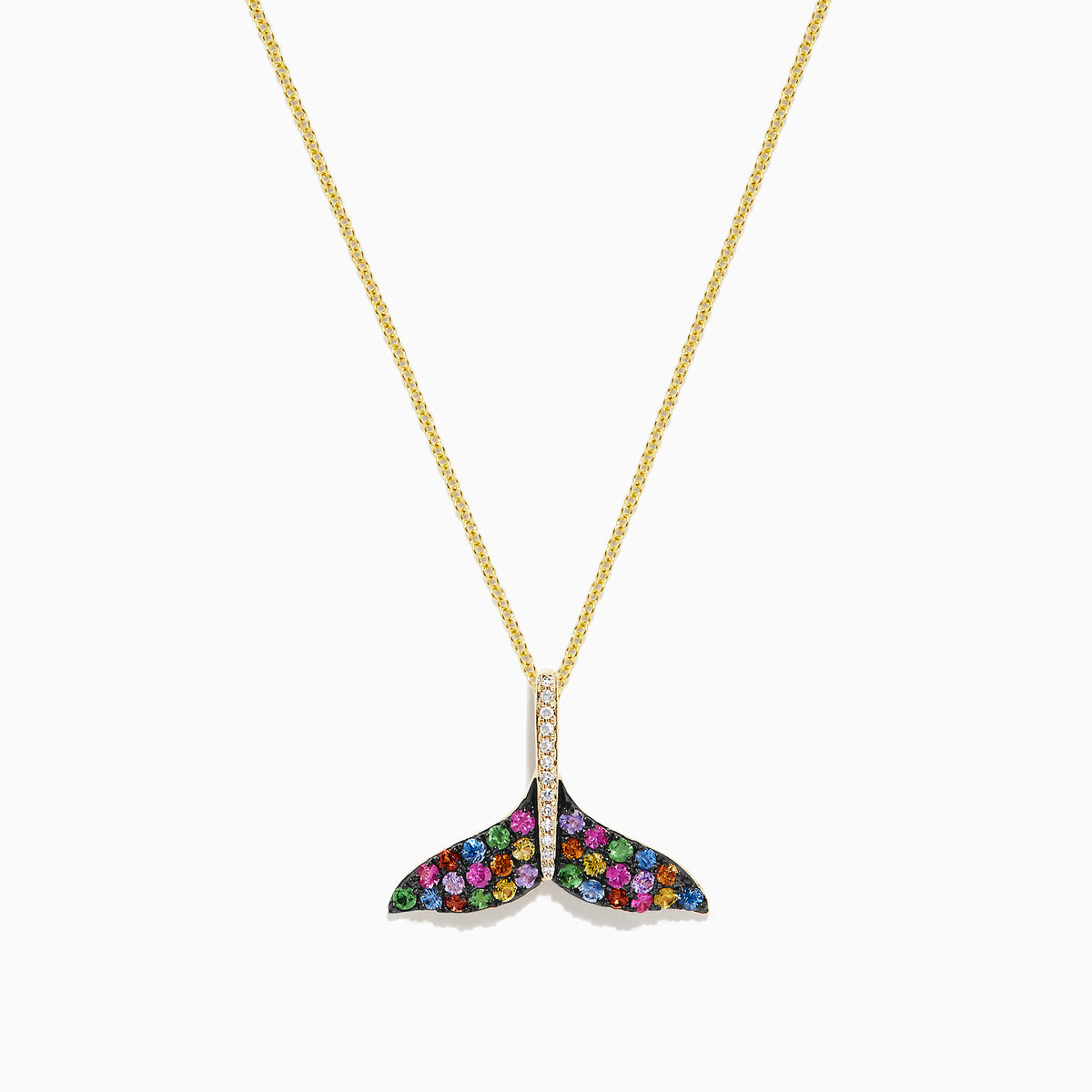 The Seaside 14K Gold Sapphire & Diamond Whales Tail Pendant features 0.82 TCW of stones, with sapphire accents and a row of clear diamonds at the center, all set on a gold chain against a white background.