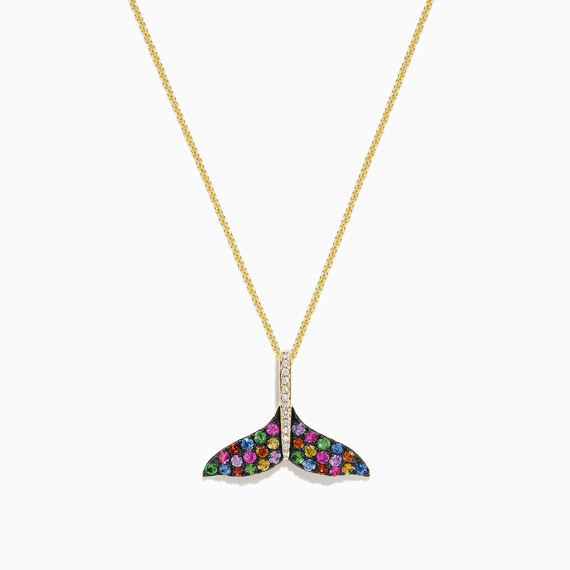 The Seaside 14K Gold Sapphire & Diamond Whales Tail Pendant features 0.82 TCW of stones, with sapphire accents and a row of clear diamonds at the center, all set on a gold chain against a white background.
