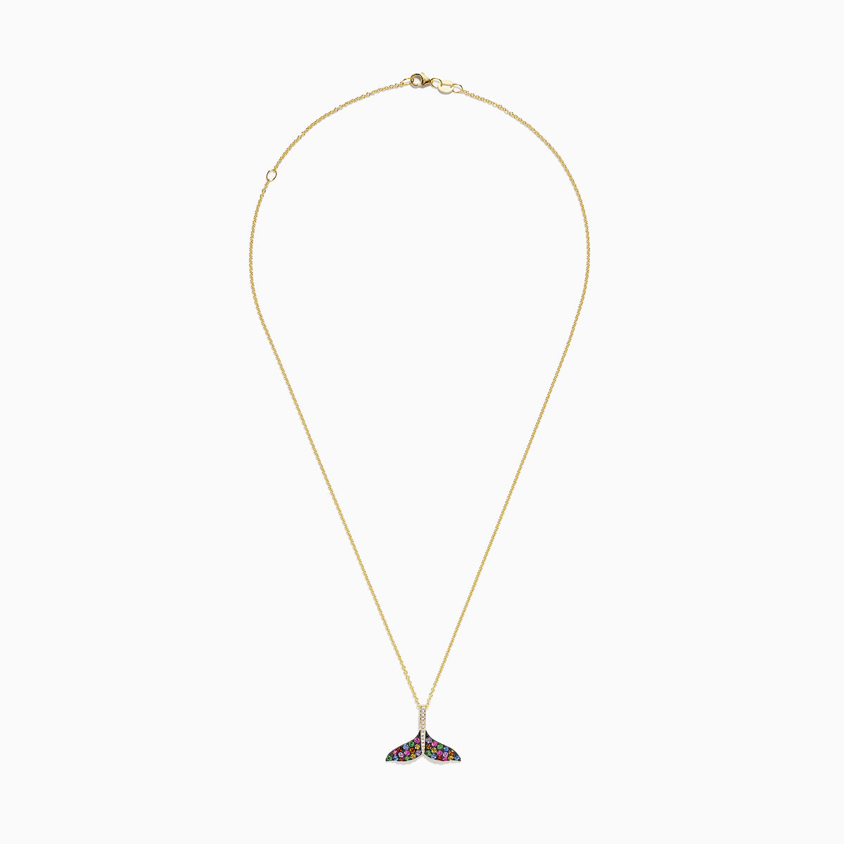 The Seaside 14K Gold Sapphire & Diamond Whales Tail Pendant features 0.82 TCW of stones, with sapphire accents and a row of clear diamonds at the center, all set on a gold chain against a white background.