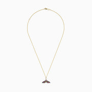 The Seaside 14K Gold Sapphire & Diamond Whales Tail Pendant features 0.82 TCW of stones, with sapphire accents and a row of clear diamonds at the center, all set on a gold chain against a white background.