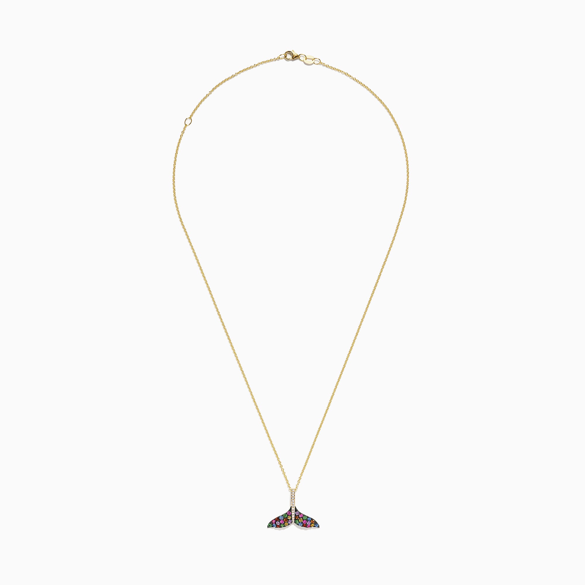 The Seaside 14K Gold Sapphire & Diamond Whales Tail Pendant features 0.82 TCW of stones, with sapphire accents and a row of clear diamonds at the center, all set on a gold chain against a white background.