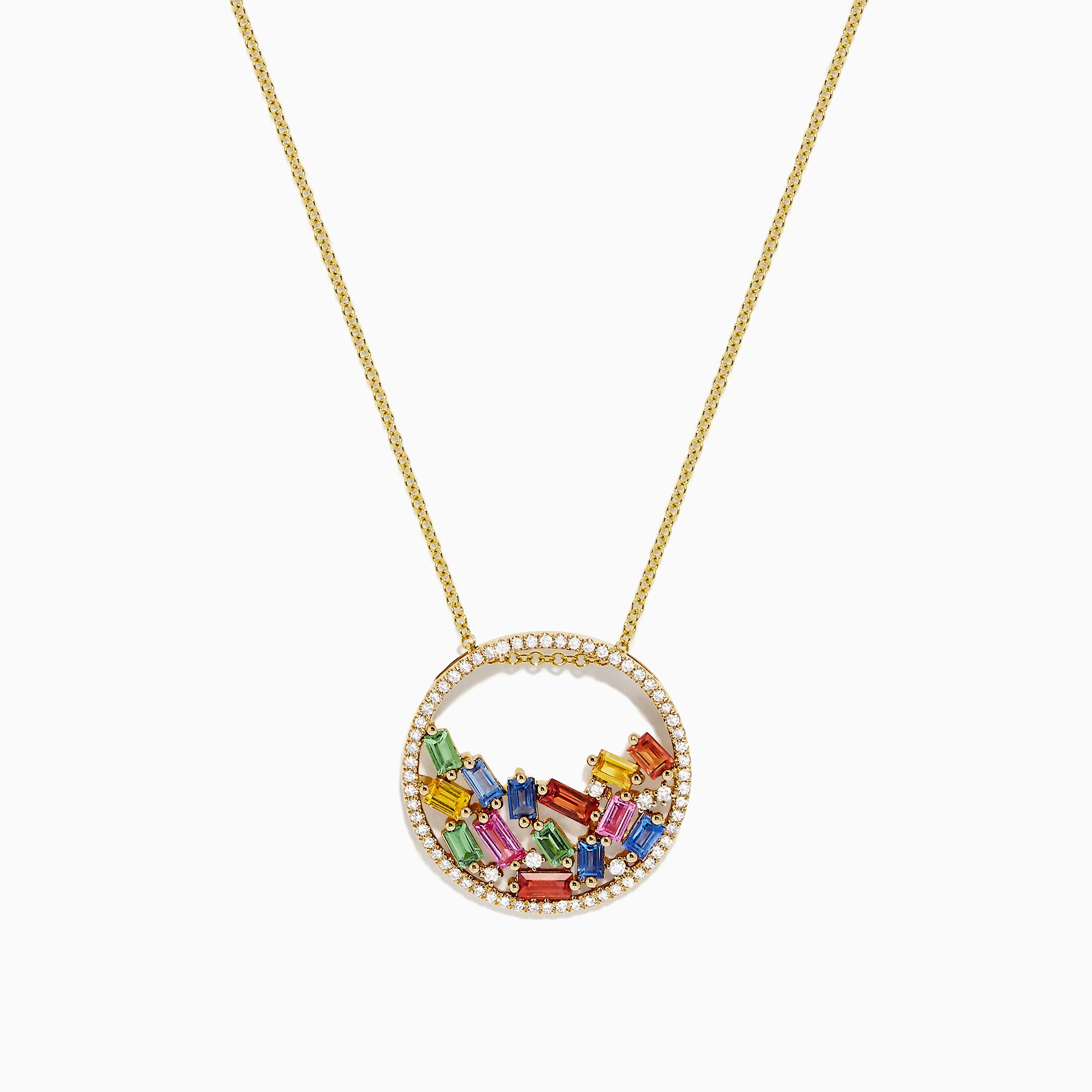 The Watercolors 14K Gold Multi Sapphire and Diamond Pendant (1.65 TCW) features a circular design with multicolored rectangular sapphires and sparkling diamonds on a delicate gold chain—a vibrant, eye-catching accessory.