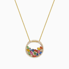The Watercolors 14K Gold Multi Sapphire and Diamond Pendant (1.65 TCW) features a circular design with multicolored rectangular sapphires and sparkling diamonds on a delicate gold chain—a vibrant, eye-catching accessory.