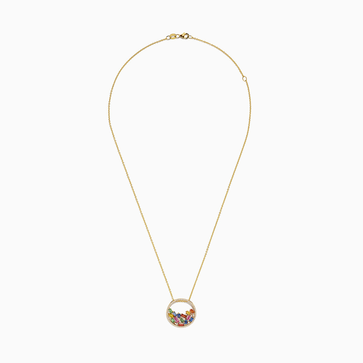The Watercolors 14K Gold Multi Sapphire and Diamond Pendant (1.65 TCW) features a circular design with multicolored rectangular sapphires and sparkling diamonds on a delicate gold chain—a vibrant, eye-catching accessory.