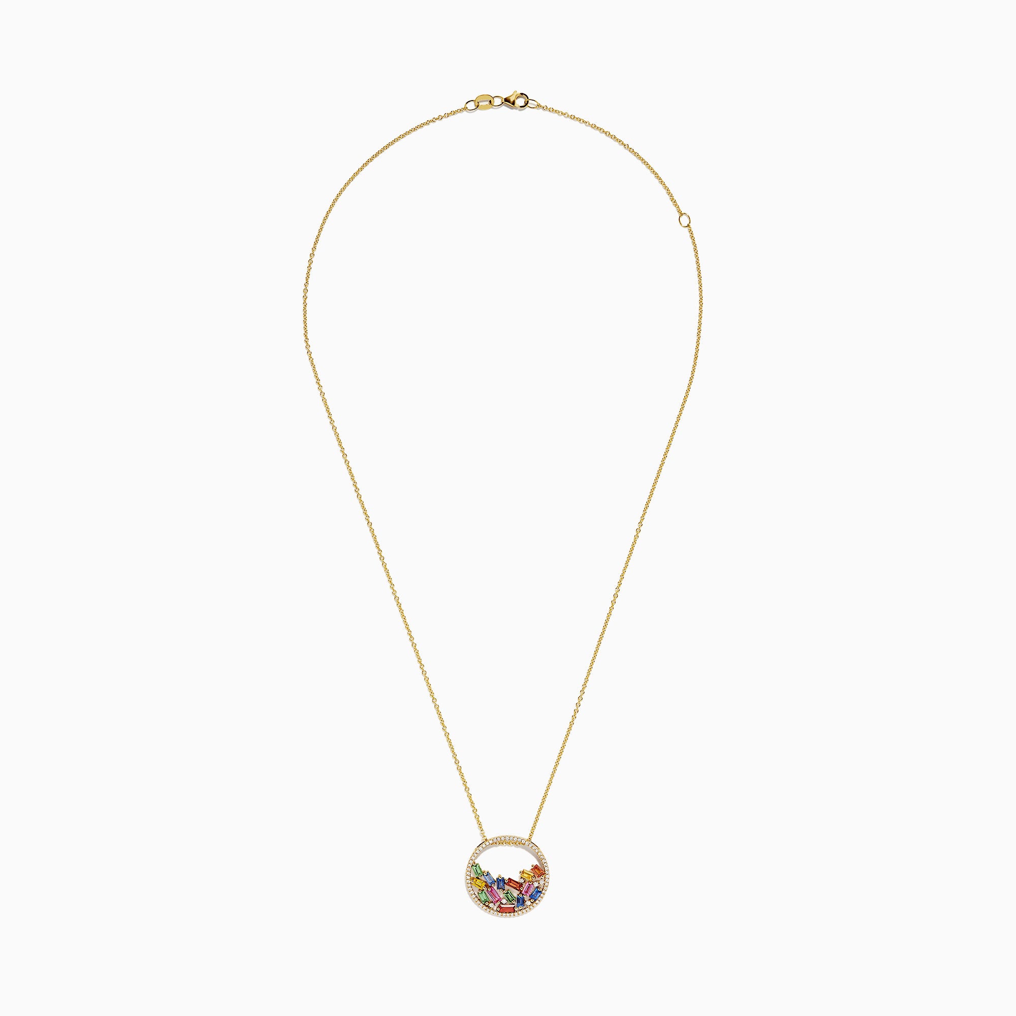 The Watercolors 14K Gold Multi Sapphire and Diamond Pendant (1.65 TCW) features a circular design with multicolored rectangular sapphires and sparkling diamonds on a delicate gold chain—a vibrant, eye-catching accessory.