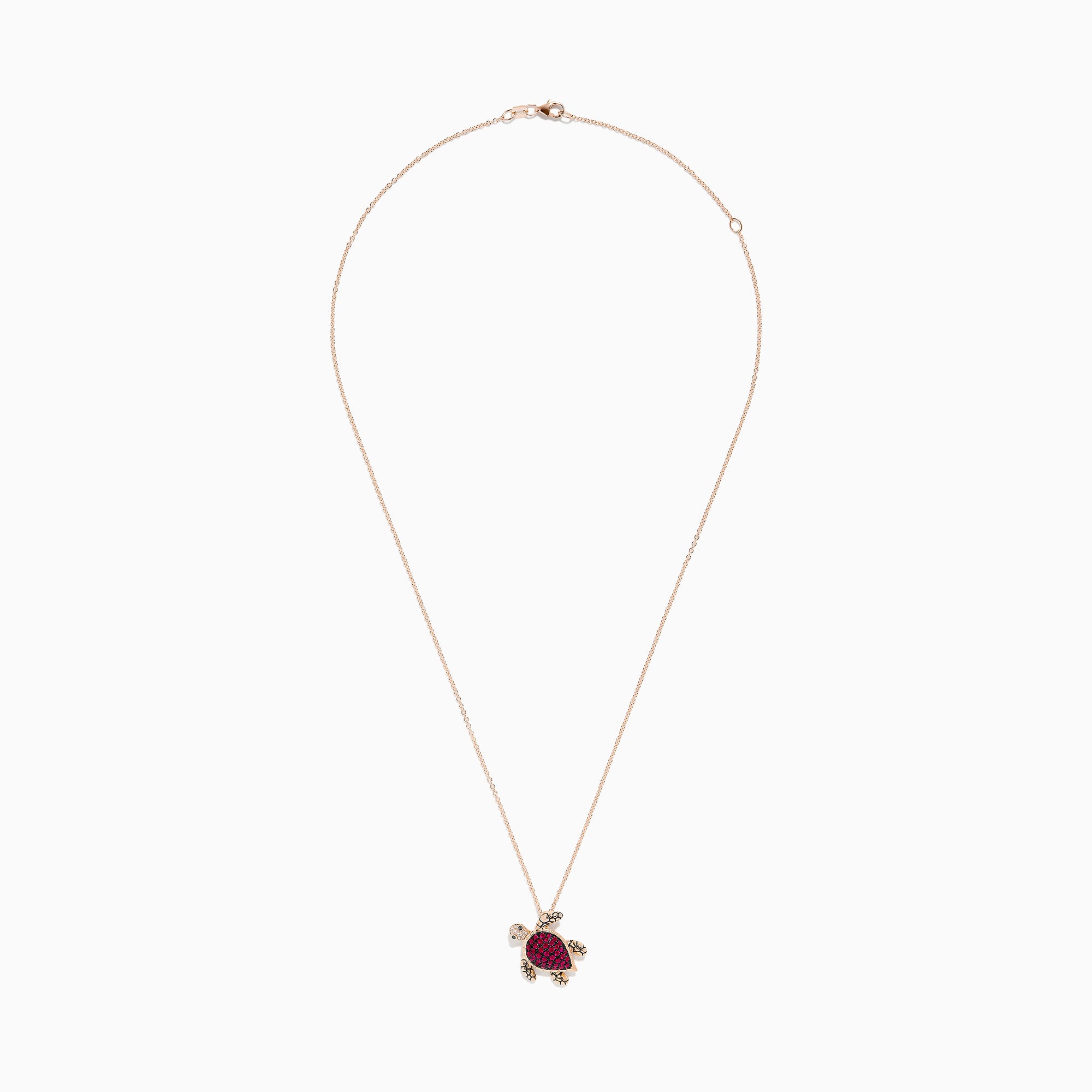 The Seaside 14K Rose Gold Ruby and Diamond Turtle Pendant features a pink ruby-studded shell, detailed gold feet, head, and tail, accented with a sparkling diamond, shown on a white background.