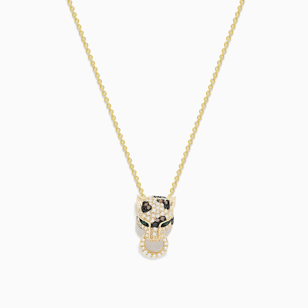 The Signature 14K Yellow Gold Diamond and Emerald Pendant features a panther’s head with diamond accents, emerald eyes, black detailing for spots, and a circular ring held in its mouth.
