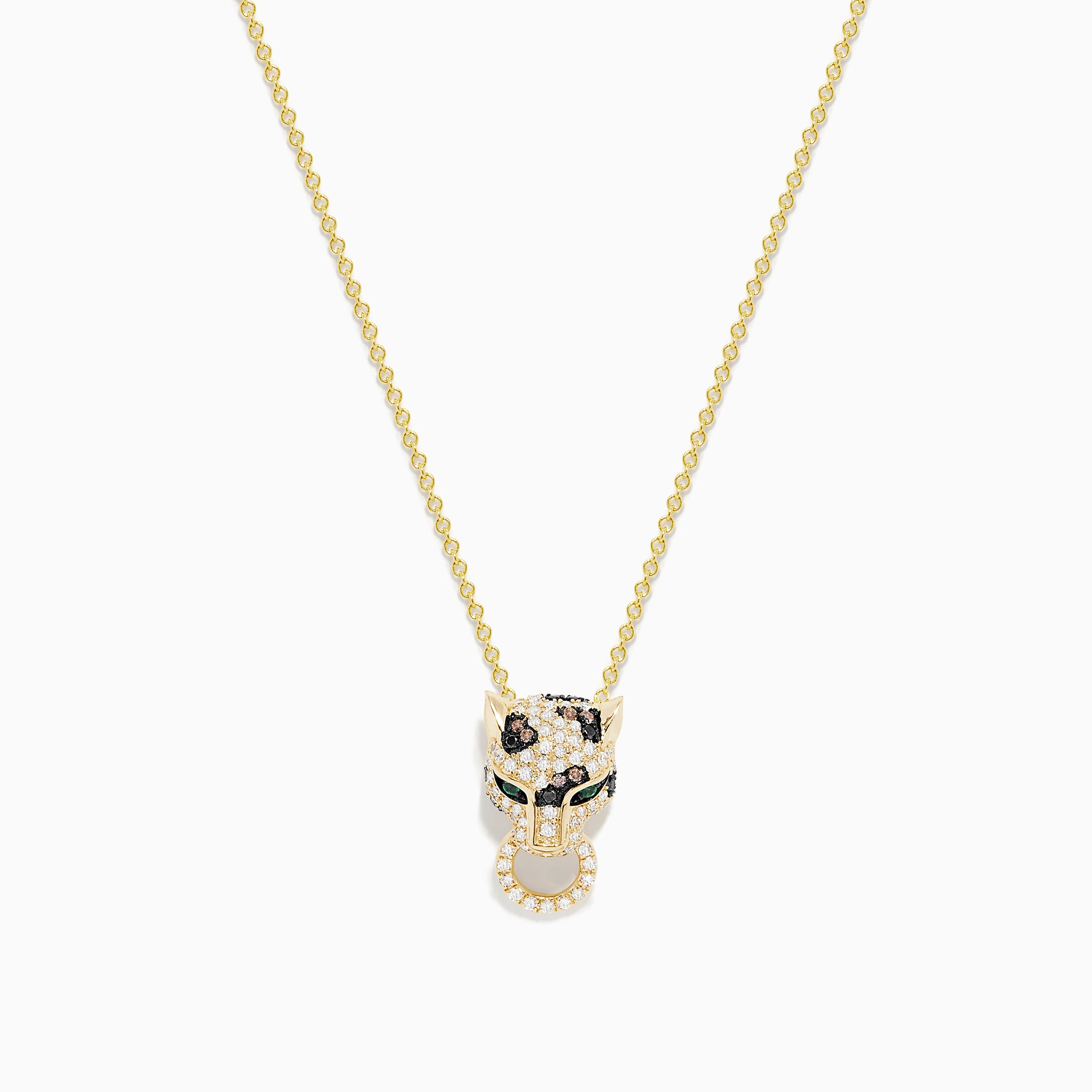 The Signature 14K Yellow Gold Diamond and Emerald Pendant features a panther’s head with diamond accents, emerald eyes, black detailing for spots, and a circular ring held in its mouth.