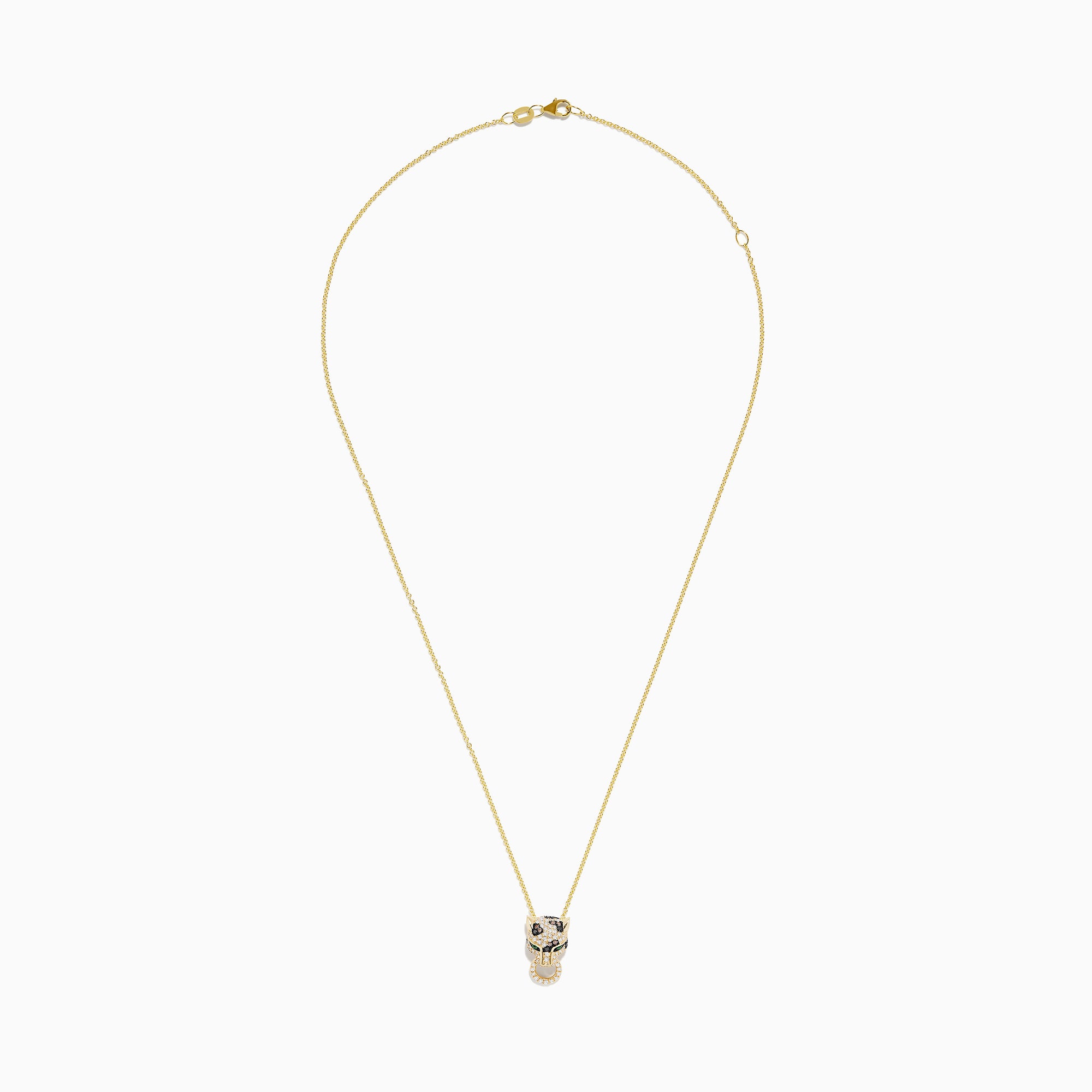 The Signature 14K Yellow Gold Diamond and Emerald Pendant features a panther’s head with diamond accents, emerald eyes, black detailing for spots, and a circular ring held in its mouth.