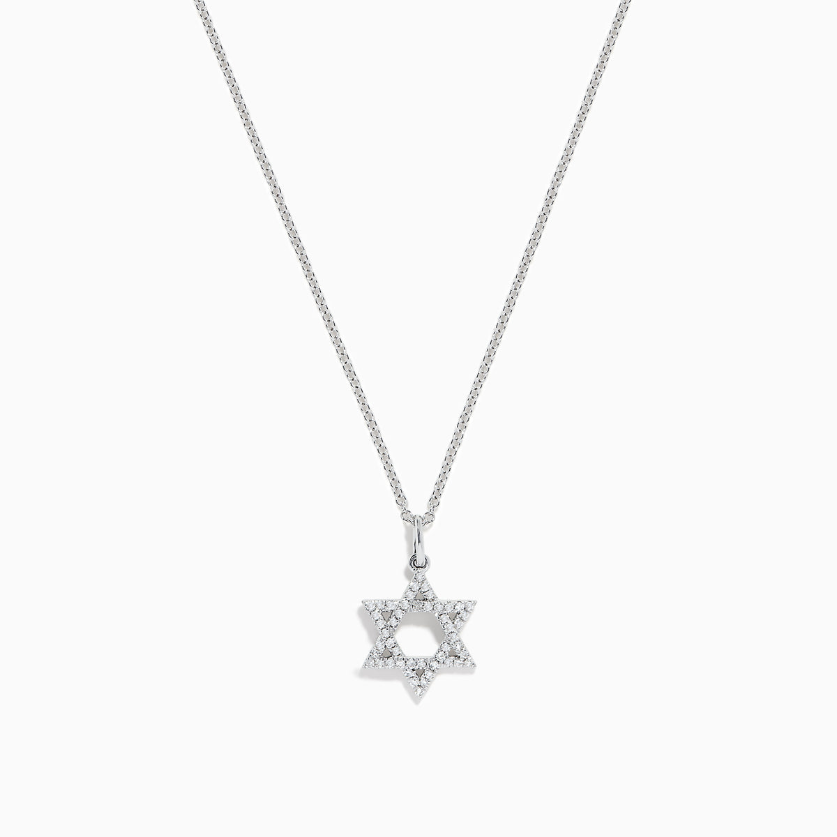 A dazzling Novelty 14K White Gold Diamond Star of David Pendant (0.14 TCW) is showcased against a simple white background, highlighting its sparkling elegance.
