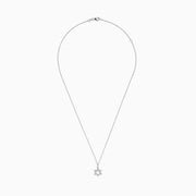 A dazzling Novelty 14K White Gold Diamond Star of David Pendant (0.14 TCW) is showcased against a simple white background, highlighting its sparkling elegance.