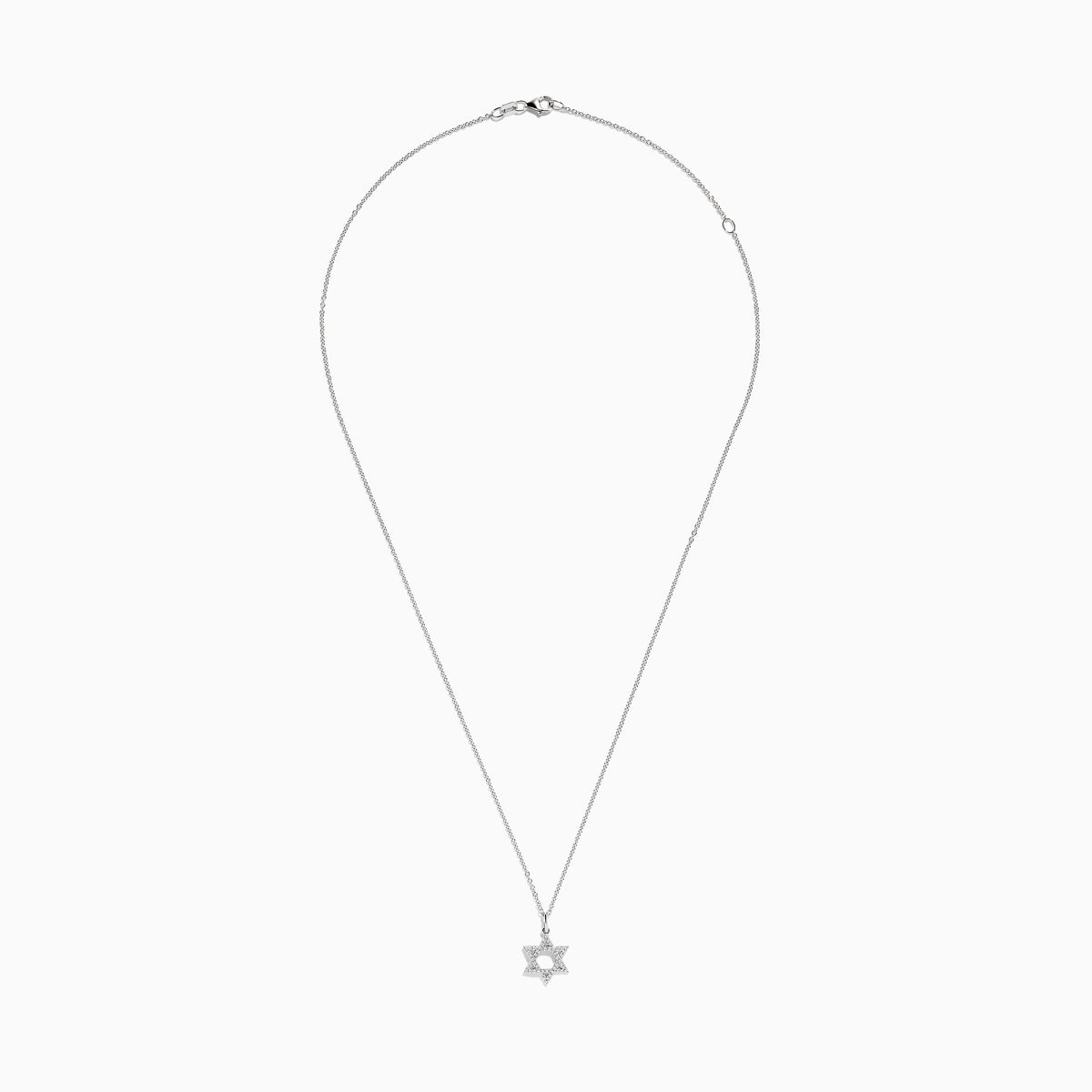 A dazzling Novelty 14K White Gold Diamond Star of David Pendant (0.14 TCW) is showcased against a simple white background, highlighting its sparkling elegance.