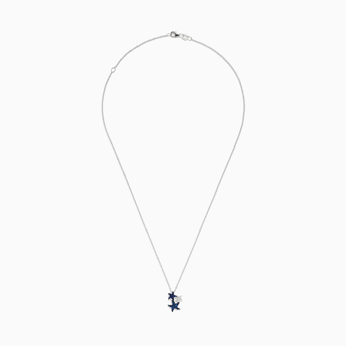 The Seaside 14K White Gold Sapphire and Diamond Starfish Pendant features three starfish—two with sparkling sapphires, one in plain white gold—hanging on a delicate chain against a white background.