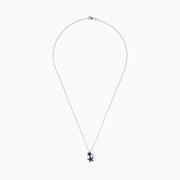 The Seaside 14K White Gold Sapphire and Diamond Starfish Pendant features three starfish—two with sparkling sapphires, one in plain white gold—hanging on a delicate chain against a white background.
