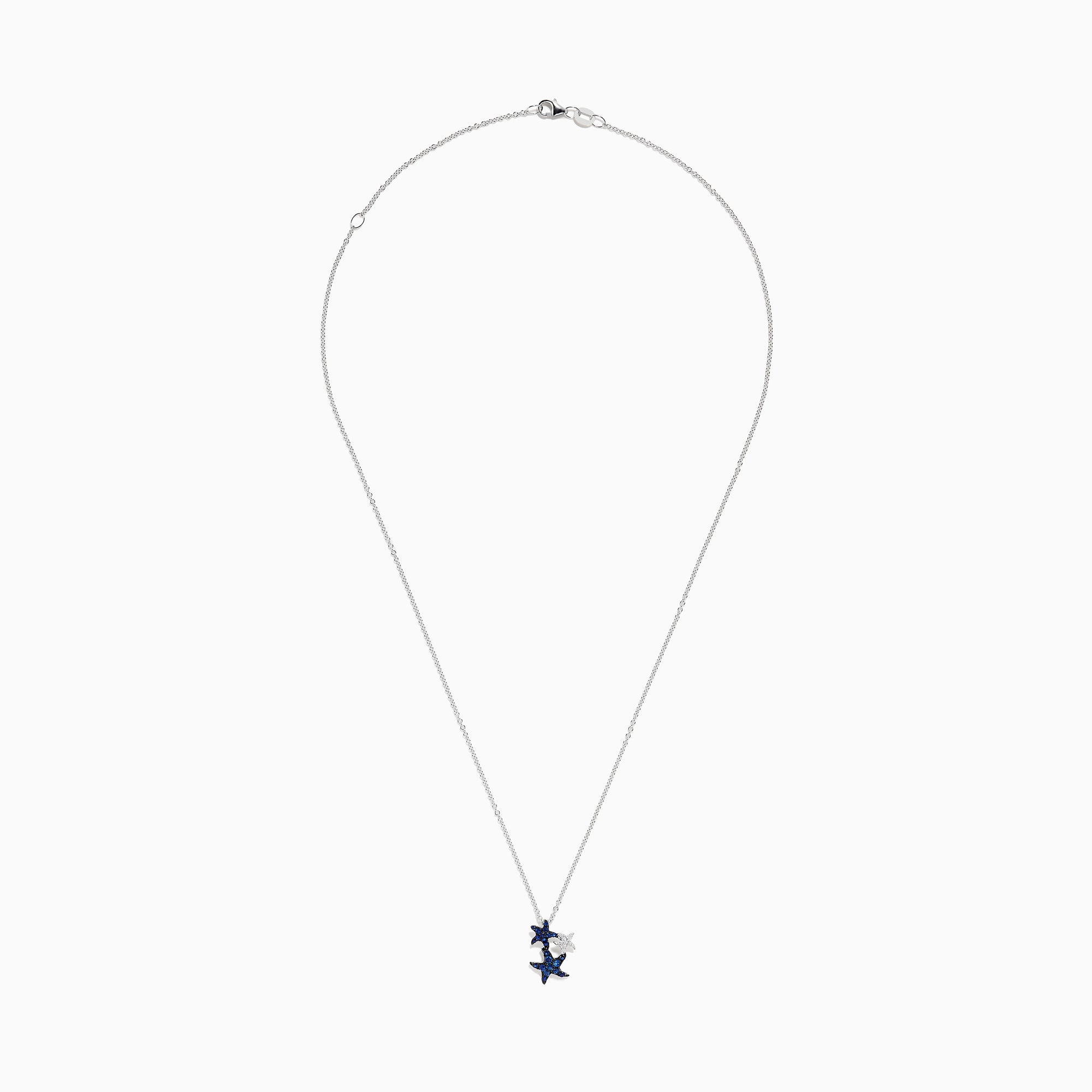 The Seaside 14K White Gold Sapphire and Diamond Starfish Pendant features three starfish—two with sparkling sapphires, one in plain white gold—hanging on a delicate chain against a white background.