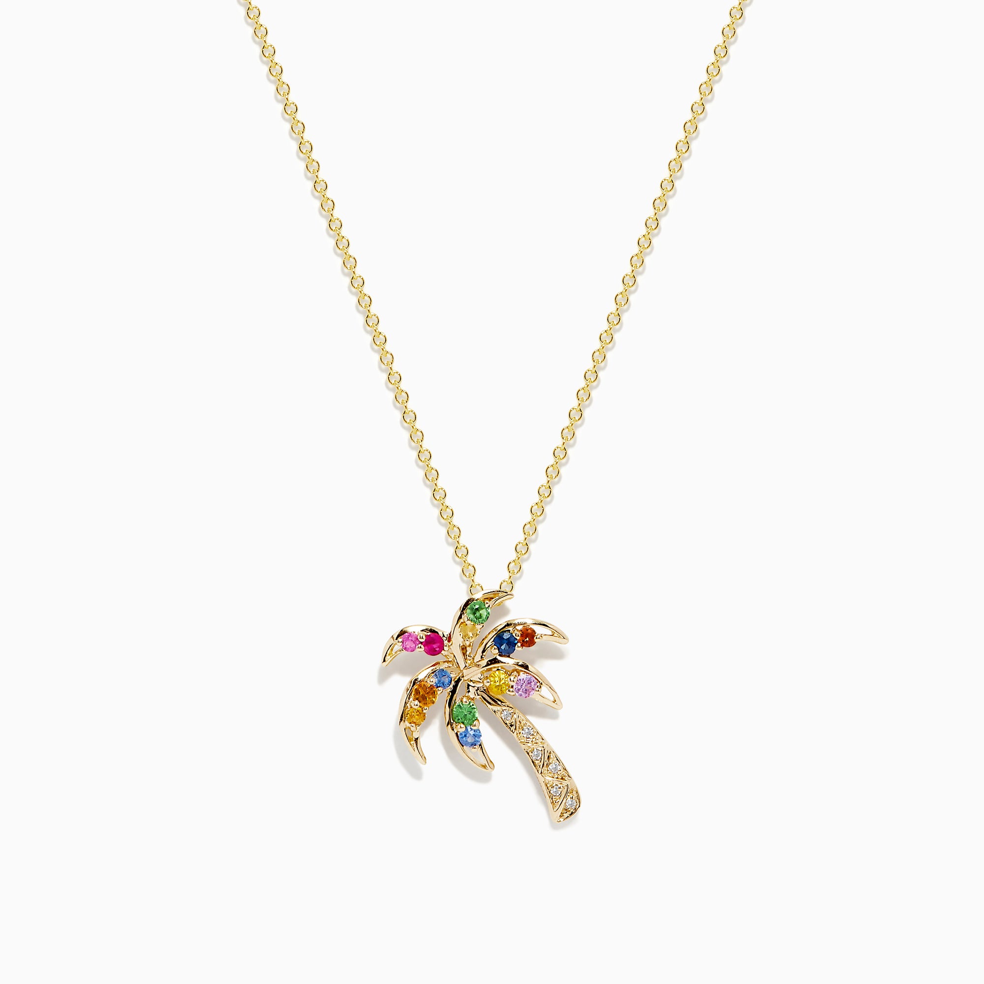 The Watercolors 14K Gold Multi Sapphire and Diamond Palm Tree Pendant is shown on a plain white background, featuring sapphire-adorned leaves and trunk.