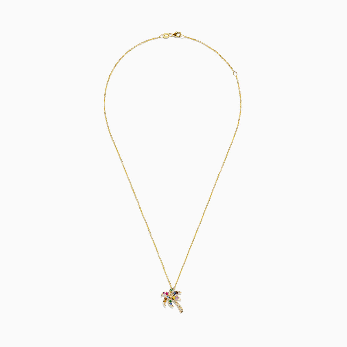 The Watercolors 14K Gold Multi Sapphire and Diamond Palm Tree Pendant is shown on a plain white background, featuring sapphire-adorned leaves and trunk.