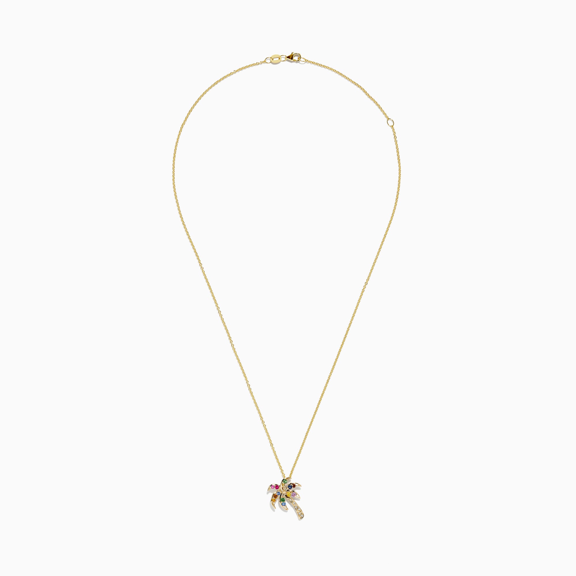 The Watercolors 14K Gold Multi Sapphire and Diamond Palm Tree Pendant is shown on a plain white background, featuring sapphire-adorned leaves and trunk.
