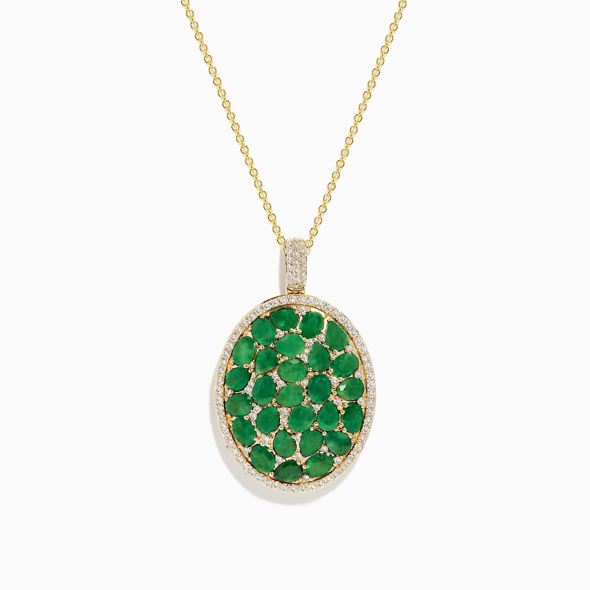 The Brasilica 14K Yellow Gold Emerald and Diamond Pendant features clustered emeralds at the center, accented by sparkling diamonds for added elegance.