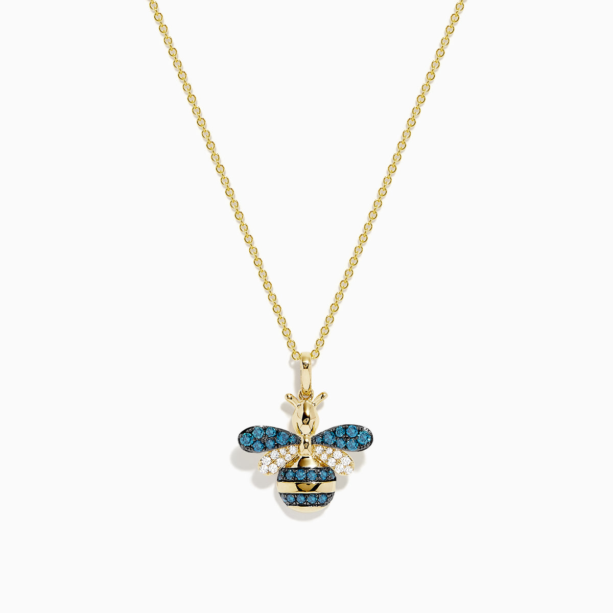 14K Yellow Gold Blue and White Diamond Bee Pendant featuring a bee-shaped design with blue and white diamond gemstones and black accents on the wings and body, showcased against a plain white background.
